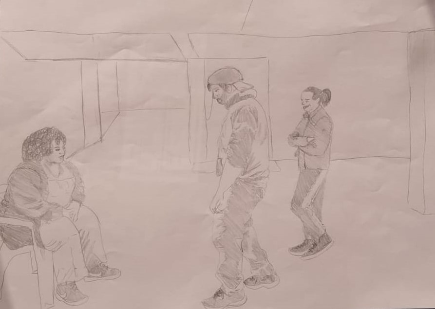 Descrição da imagem: ilustração em traços pretos de um grupo composto por três pessoas, encenando. 
